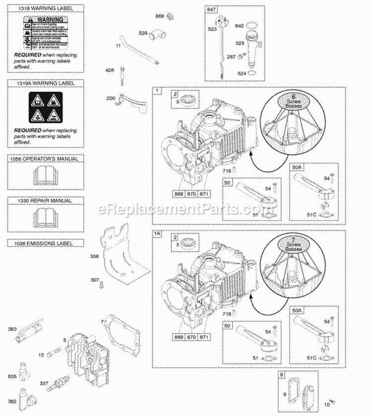 Cylinder Cylinder Head Lubrication OperatorS Manual Warning Label Diagram and Parts List for 10T702-1507-B1  Briggs and Stratton Engine